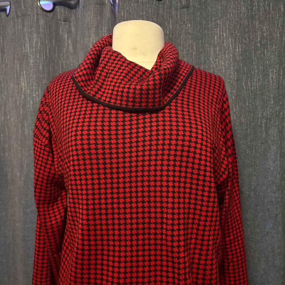 Calvin Klein Red Black Houndstooth Cowl Neck Tunic Sweater (Women's Large)